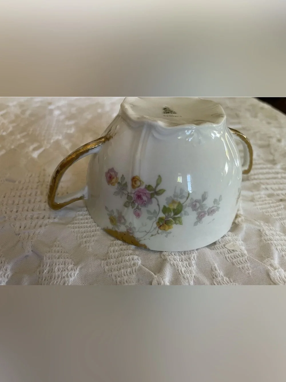 Antique Limoges France floral rose double handled bouillon/soup cup